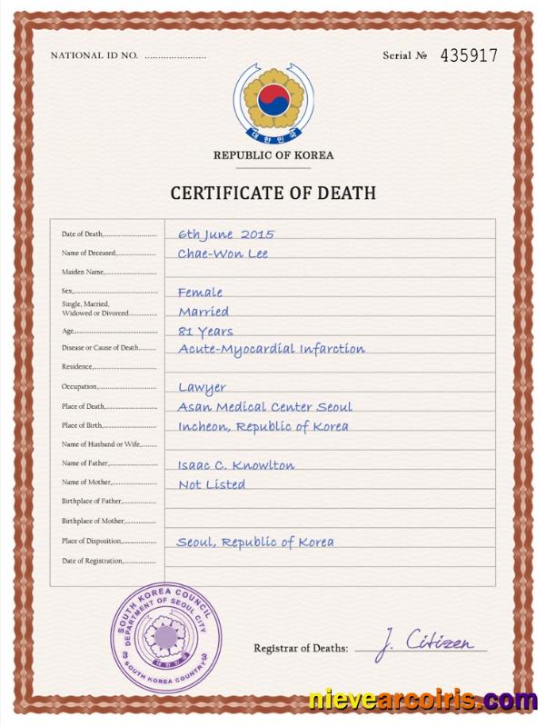 South Korea vital record death certificate